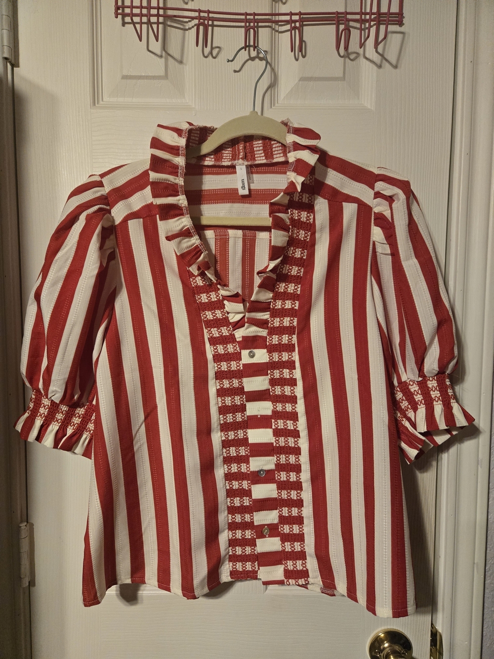 glam Red and White Striped Ruffle Button-Up Top